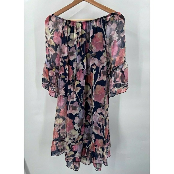 Elena Baldi Silk Blend Multicolor Floral Chiffon Shift Dress Bell Sleeves Small - Picture 4 of 6